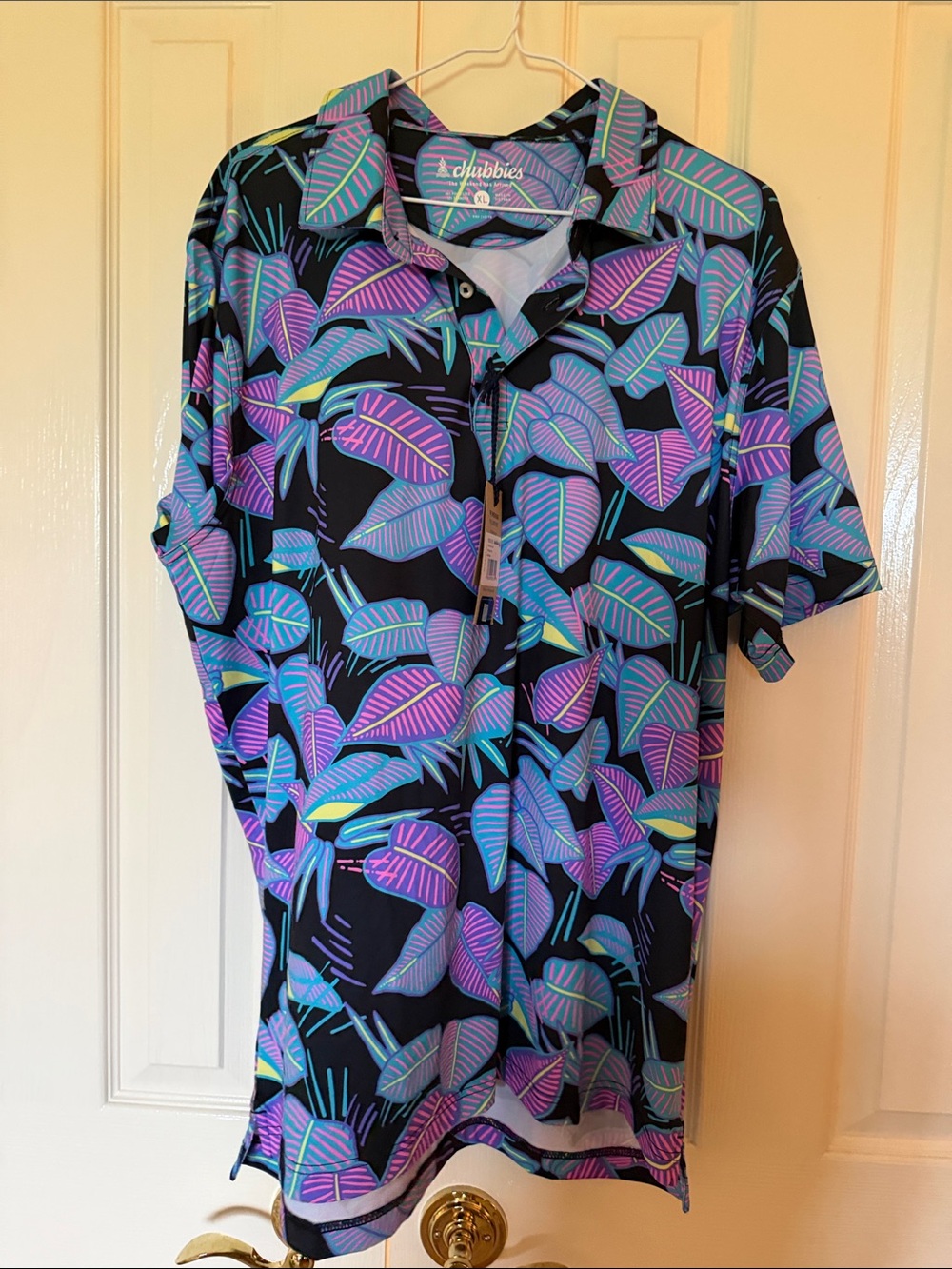 chubbies Black Polo with Purple and Teal Leaf Print